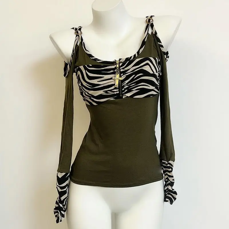 Army Green Zebra Print Off Shoulder Blouse, Cross Zipper Long Sleeve Slim Fit Top