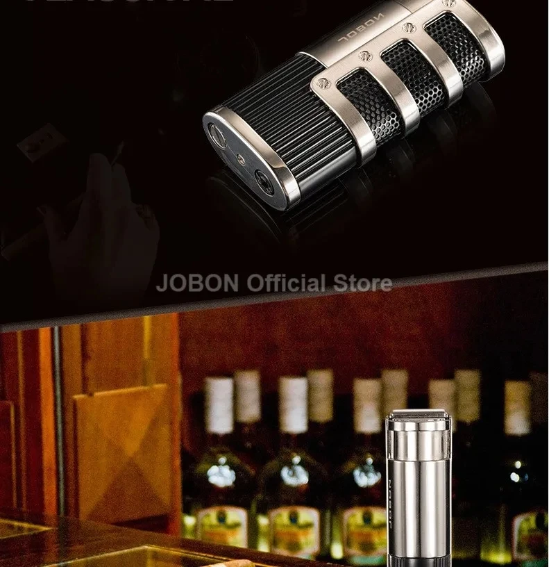 JOBON neues Metall-Outdoor-Feuerzeug mit winddichter Butangasflamme, blauer Flamme, 3-flammigem Turbo-Jet-Zigarrenanzünder, Zigarrenschneider, Geschenk für Männer. – Detail 7