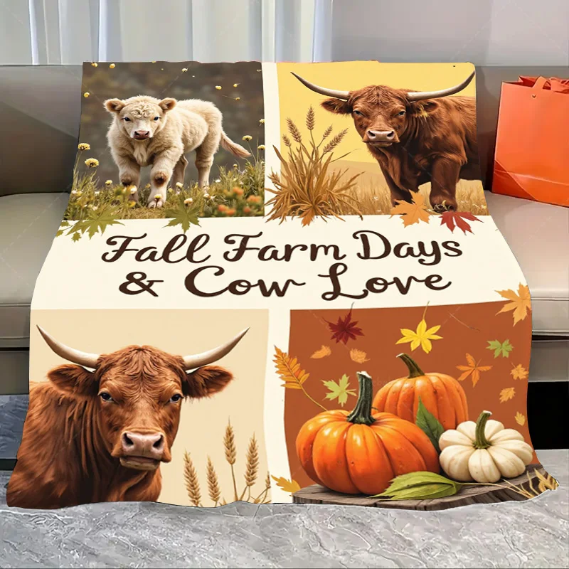 

1pc Flannel Blanket Fall Farm Days Cow Love Blanket with Pumpkins and Wheat Harvest Scene