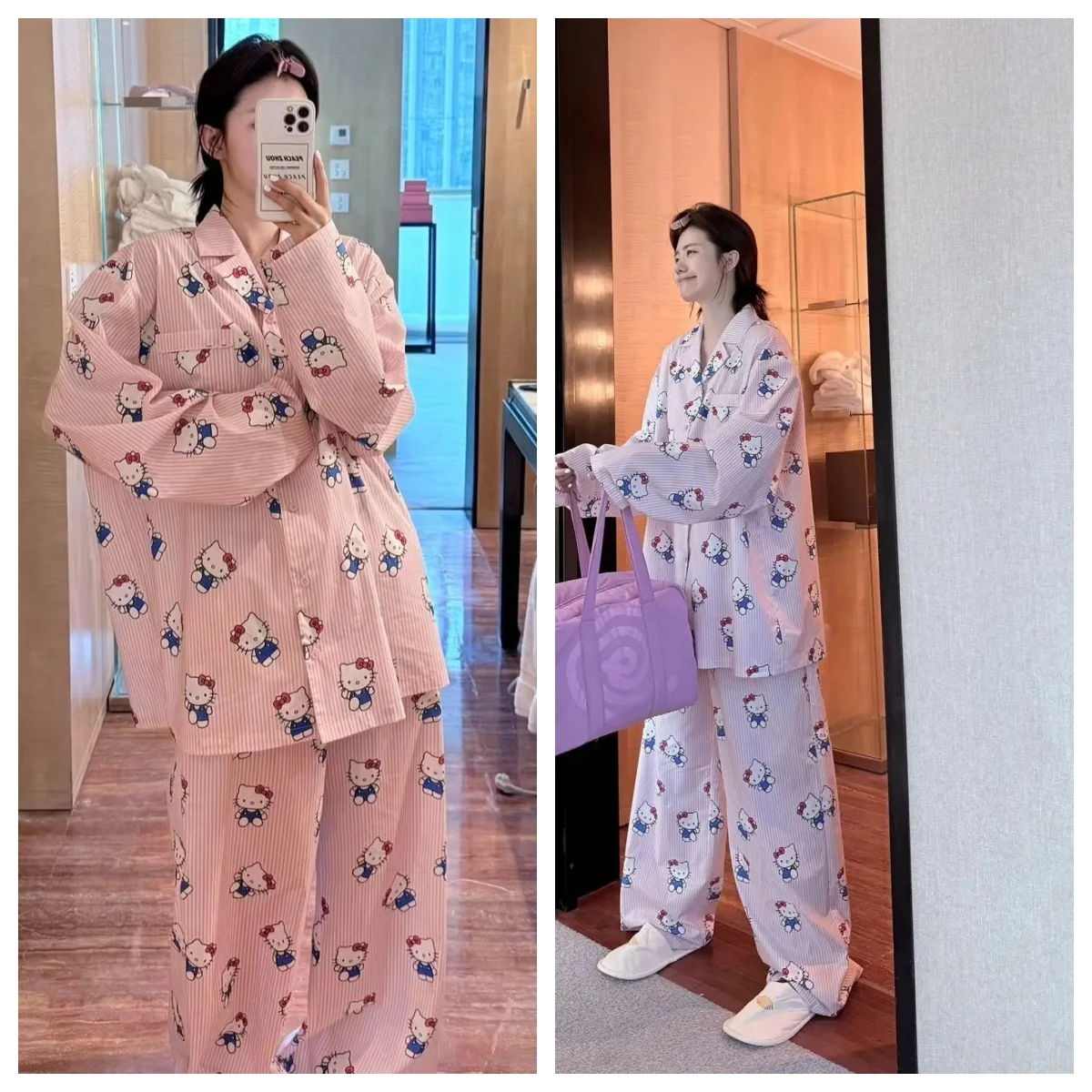 

Sanrio Hello Kitty Loungewear Set Cartoon Girls Home Outdoor Wear Korean Style Loose Large Size Long Sleeves Pants Nightwear Set