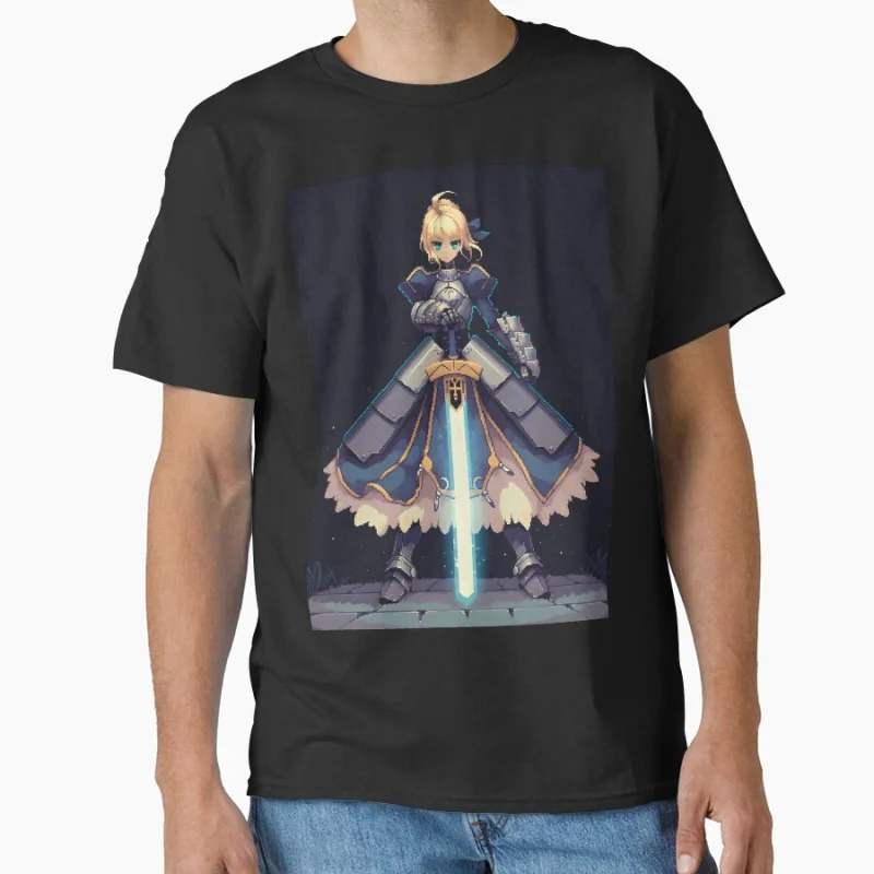 

Saber Pixel Art 80s retro Manga Fate stay night video game Anime T shirt for men 100% cotton print Large size gift tops S-6XL