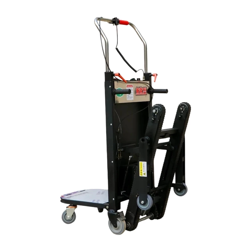 

Electric stair climber for going up and down stairs, maneuvering around corners, with track-driven silent trolley