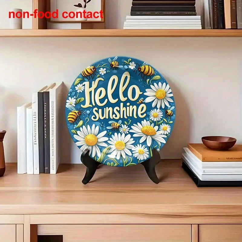 1pc Hello Sunshine Daisy Bee Round Ceramic Hanging Wall Decor Plate - 8.0inch Vintage Non-Food Contact Art Plate with Daisies,