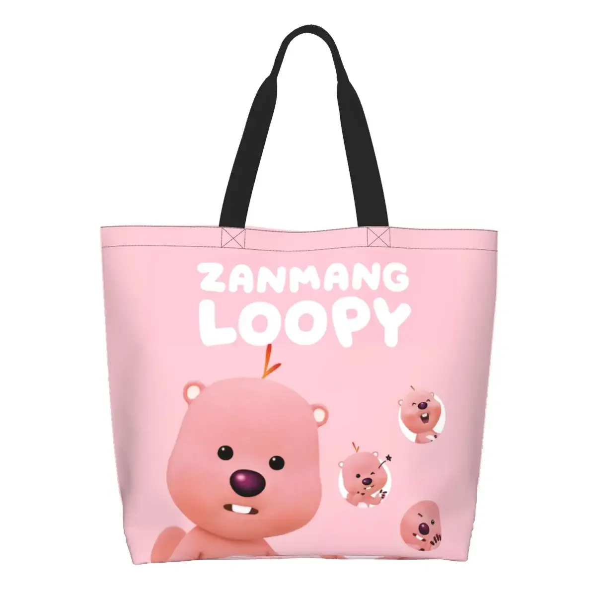 Custom Recycling Pink Cute Anime Little Beaver Loopy Shopping Bag Women Shoulder Canvas Tote Bag Washable Grocery Shopper Bags