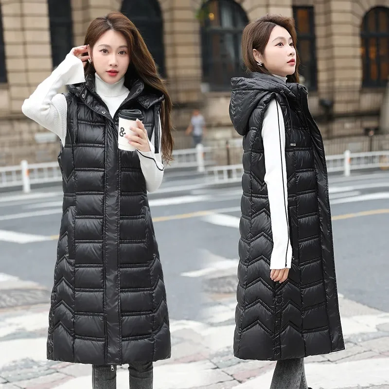 2024 Winter New Sleeveless Waistcoat Women Warm Puffer Jacket Ultra Light Mid Long Down Cotton Vests Female Outwear Casual Tops