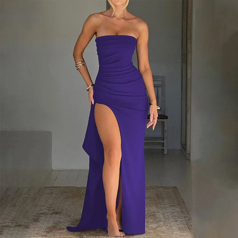 

2025 Women Summer Slash Neck Strapless Party Evening Dress Casual Sleeveless High Slit Long Dress Elegant Backless Sexy Dress