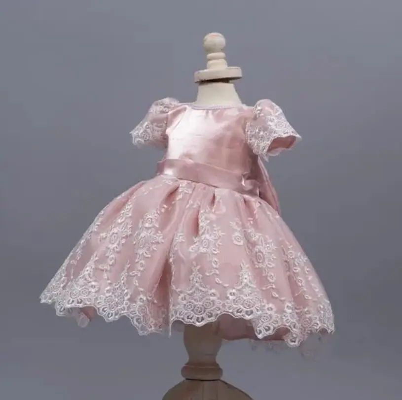 Lovely Pink Baby Girl Birthday Party Dress Lace Satin Bow Flower Girl Dress Kids New Year Photography