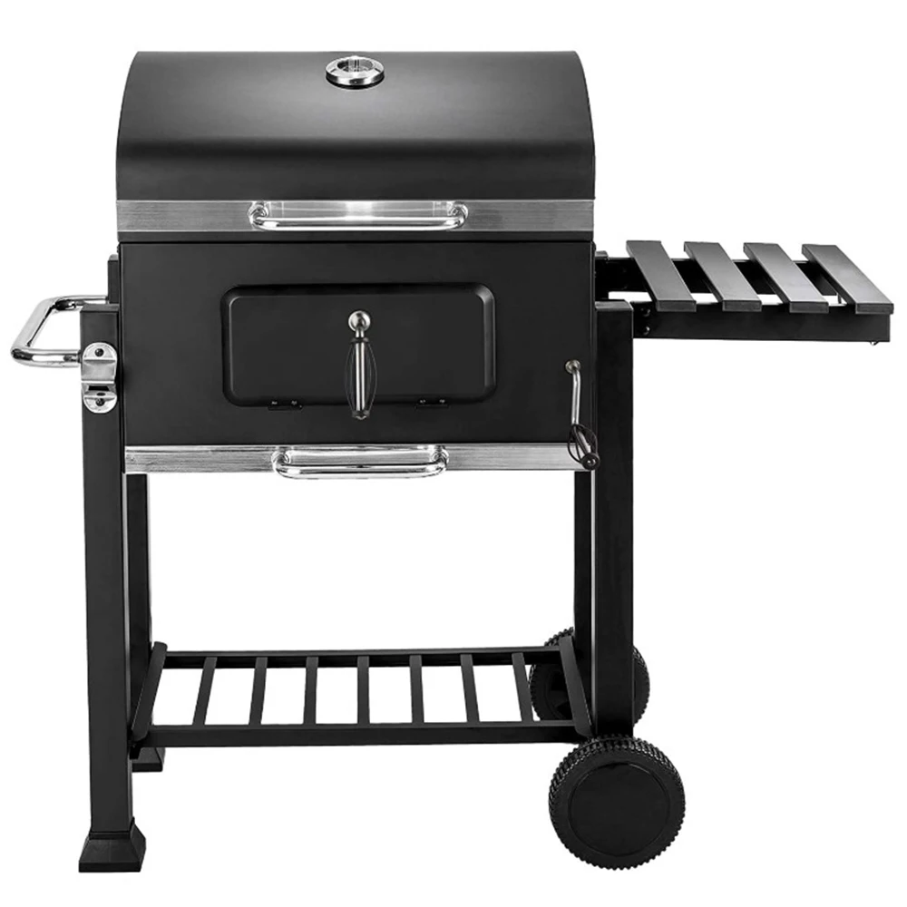 Parrilla de carbón de acero con ruedas resistentes, rejilla doble, termómetro, cesta de asado ajustable y rejilla lateral - Parrilla portátil para camping - Para patio exterior 107*115*68cm