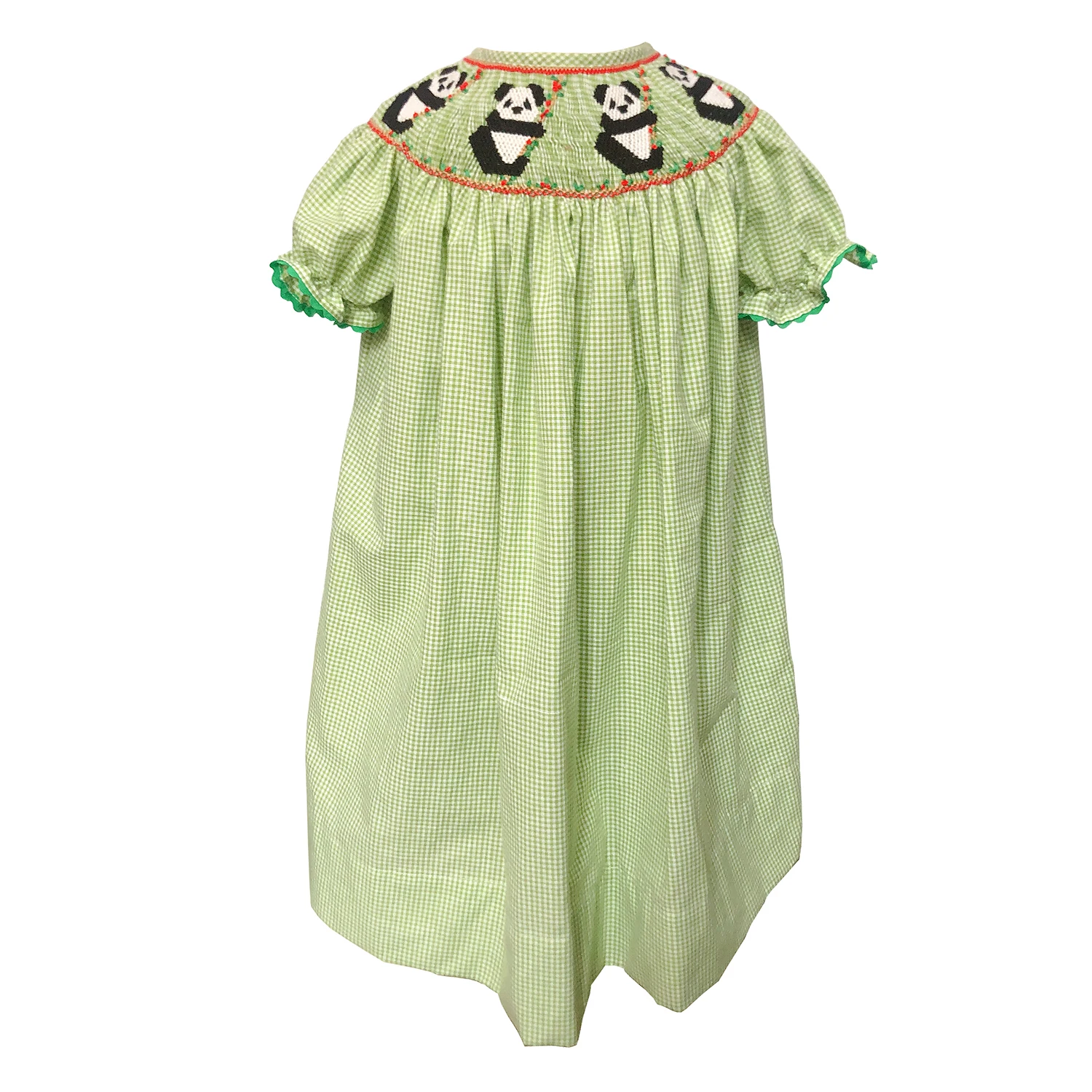 Girls Smocking Dress Handmade Panda Embroidered Short-sleeved Green Bishop Dress Pure Cotton Children's Boutique Clothing 9m-6T