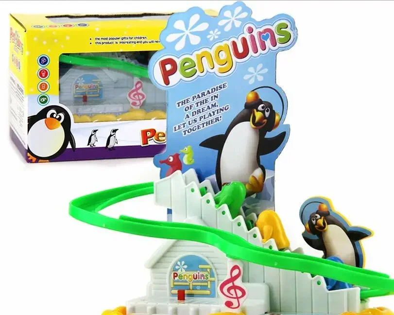 Hot Famous Electric Pet Cute Small Penguin Climb Stairs Tracks little rail car With Light Music Zabawna zabawka dziecko prezent zabawki