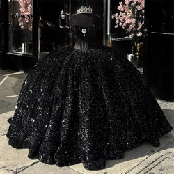 Vestido de quinceañera de cristal con lentejuelas negras, vestido de baile dulce 16, corsé de princesa, 15, 2024