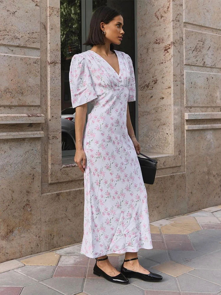 Abito lungo a maniche corte stampato da donna della nuova estate, abito casual, abbigliamento da donna, abiti floreali, abiti bianchi