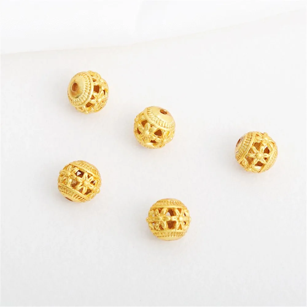 1pcs 18K Gold-clad Retro Flower Hollow Bead Bracelet Necklace, Loose Jewelry, DIY Accessories, 10mm