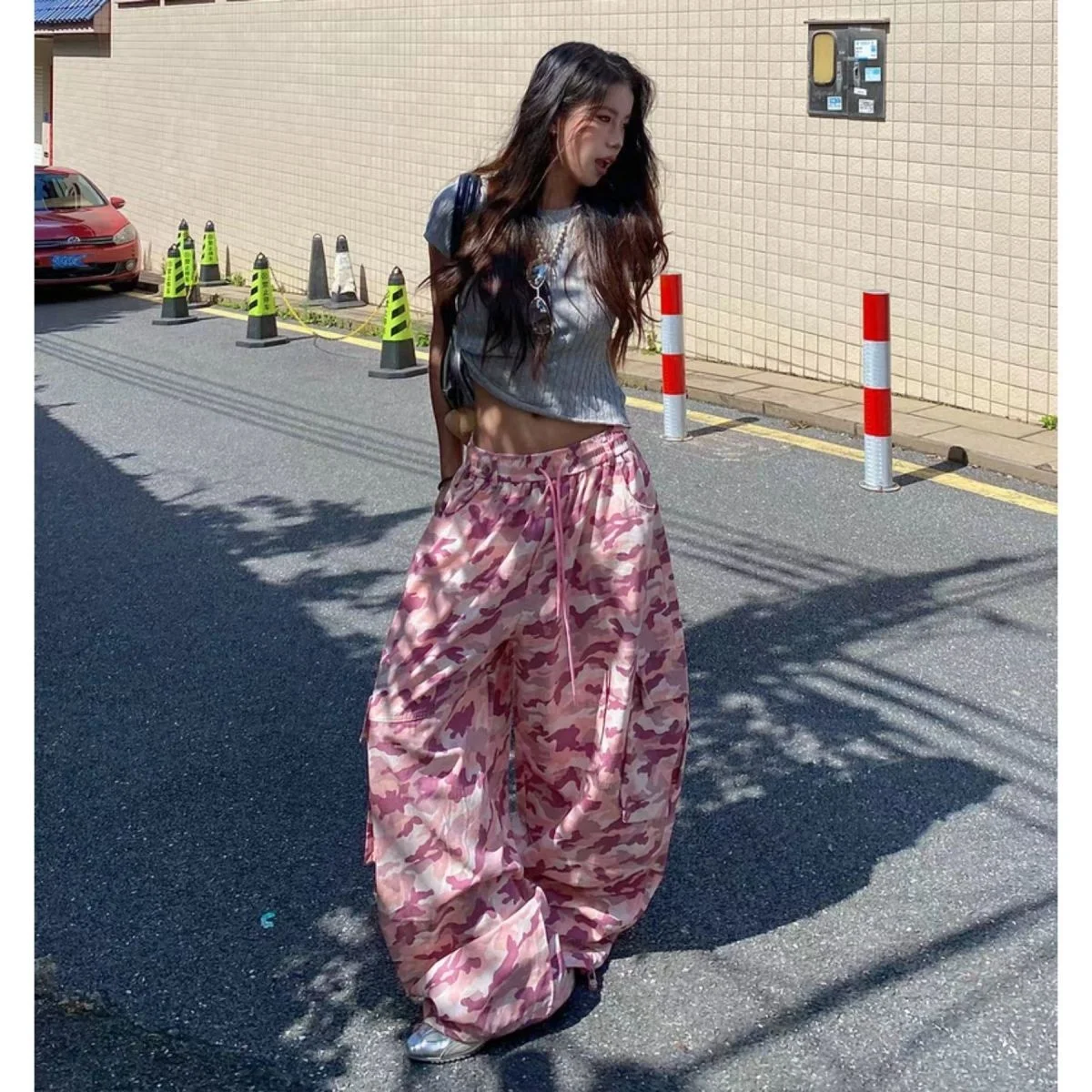 American street girl pink camouflage work pants Y2K retro Harajuku slim fit fashionable wide leg casual straight leg mop pants