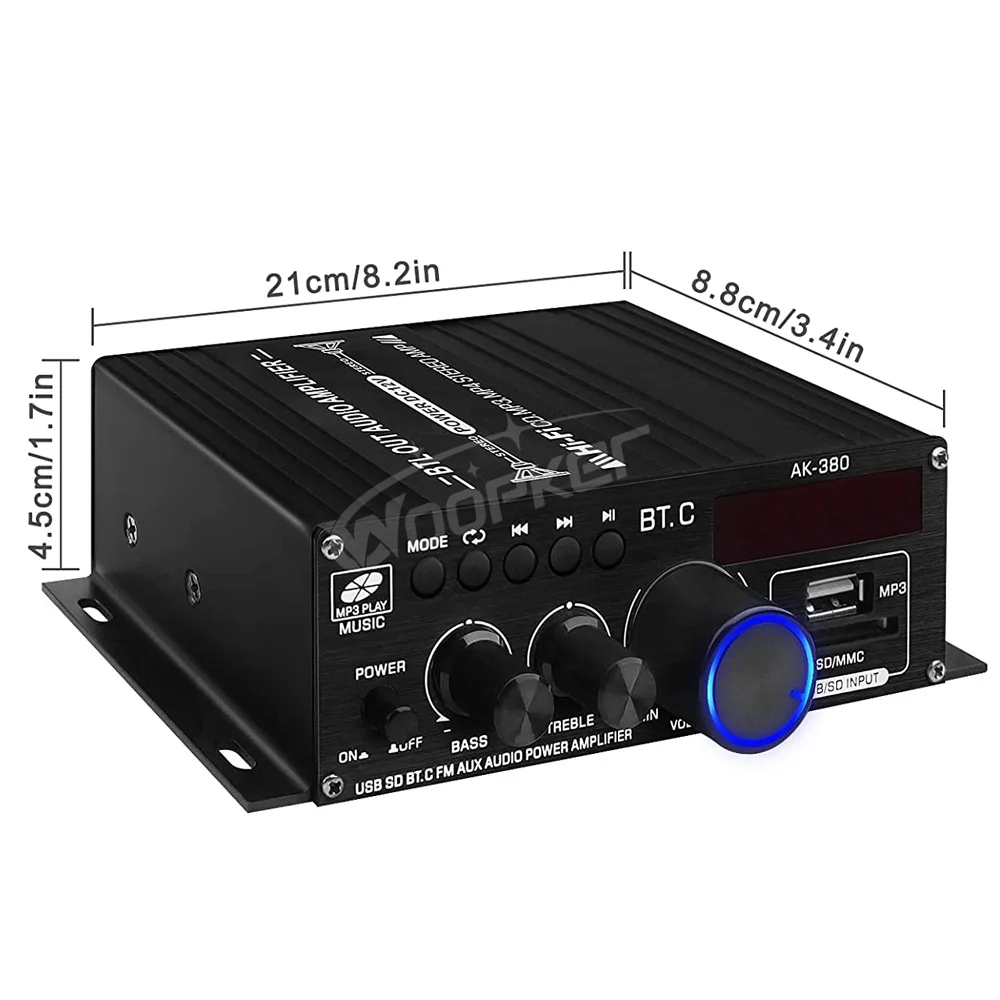 Woopker Sound Amplifier Channel 2.0 HIFI Bluetooth Amp Home Digital Audio 12V3A AK380 AK370 AK280 AK270 AK170 for Car Bass Trebl