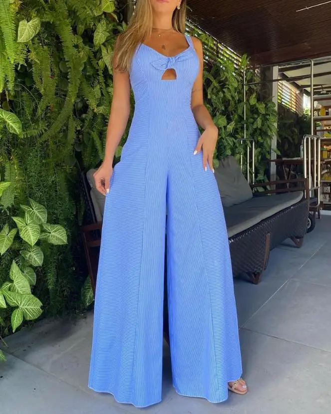 

Women's Jumpsuit Summer Elegant Casual Striped Print V-Neck Sleeveless Tied Detail Knot High Waist Oversized Wide Leg Jumpsuit