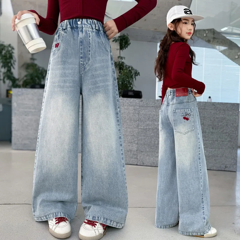 Girls' Spring Wide-leg Jeans with Cherry Embroidered Kids Cowboy Straight Leg Loose Denim Pants Children Floor Pulling Trousers