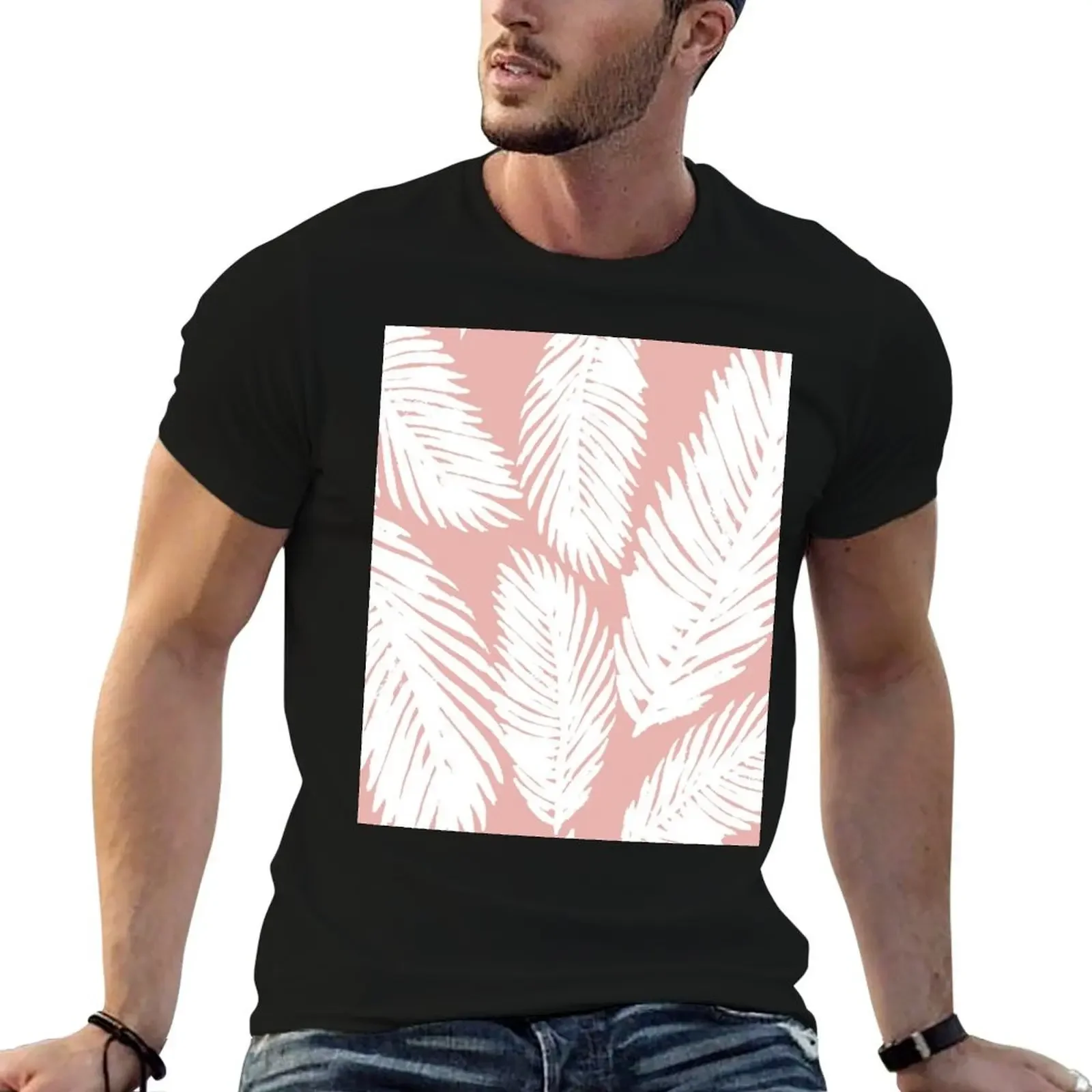 Palm Leaf Pattern White and Pink T-Shirt plus size tops vintage men t shirt