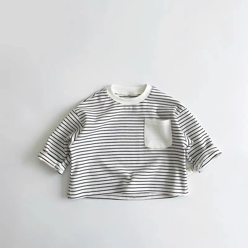 Trendy Striped Tshirt Fashion New Versatile Casual Loose Round Neck Tees New Design Long Sleeve Solid Color Tops