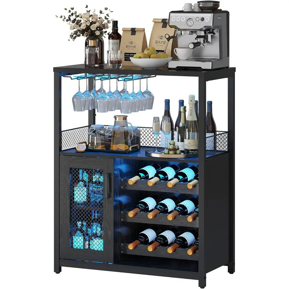 

Wine Bar Cabinet with LED Light, Detachable Wine Rack, Coffee Bar Cabinet with Glass Holders, Adjustable Shelves, and Mesh Door,