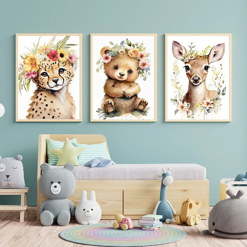 Baby Bear Bunny Deer Raccoon Owl Unicorn Cheetah Watercolor Floral Wall Art Nursery Canvas Painting Animal Print Kids Room Decor