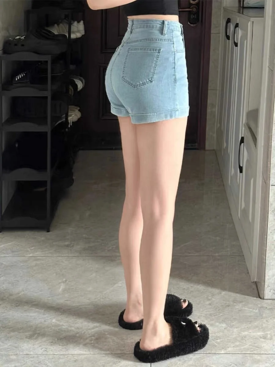 American Style Spicy Girl High Waist Cuffed Denim Shorts Women Loose Wide Leg A-Line Light Blue Slimming Small Size Hot Pants...