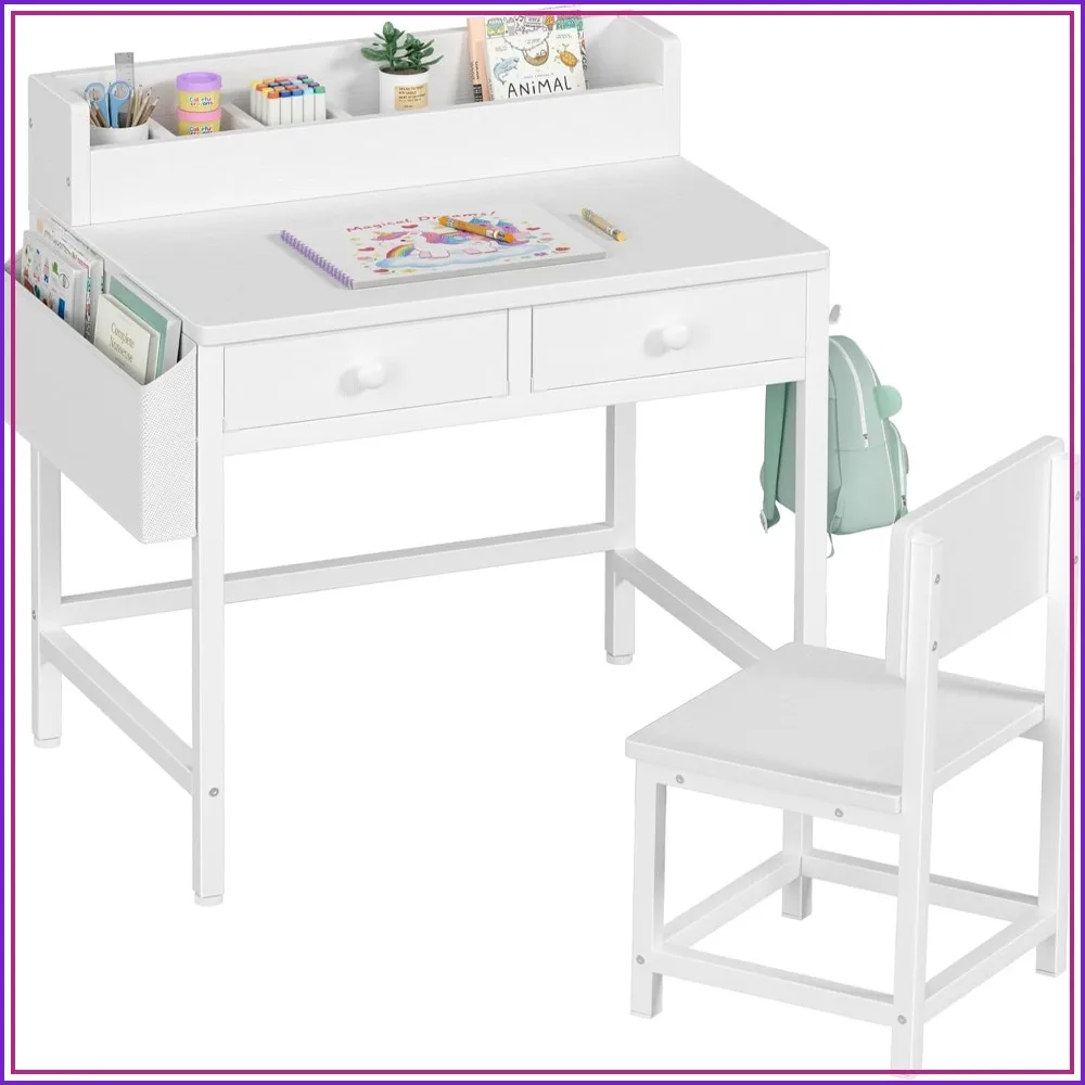 

Kids Desk and Chair Set with Fabric Drawer, Study Table for 5-8 Year Old, Toddler Desk with Storage