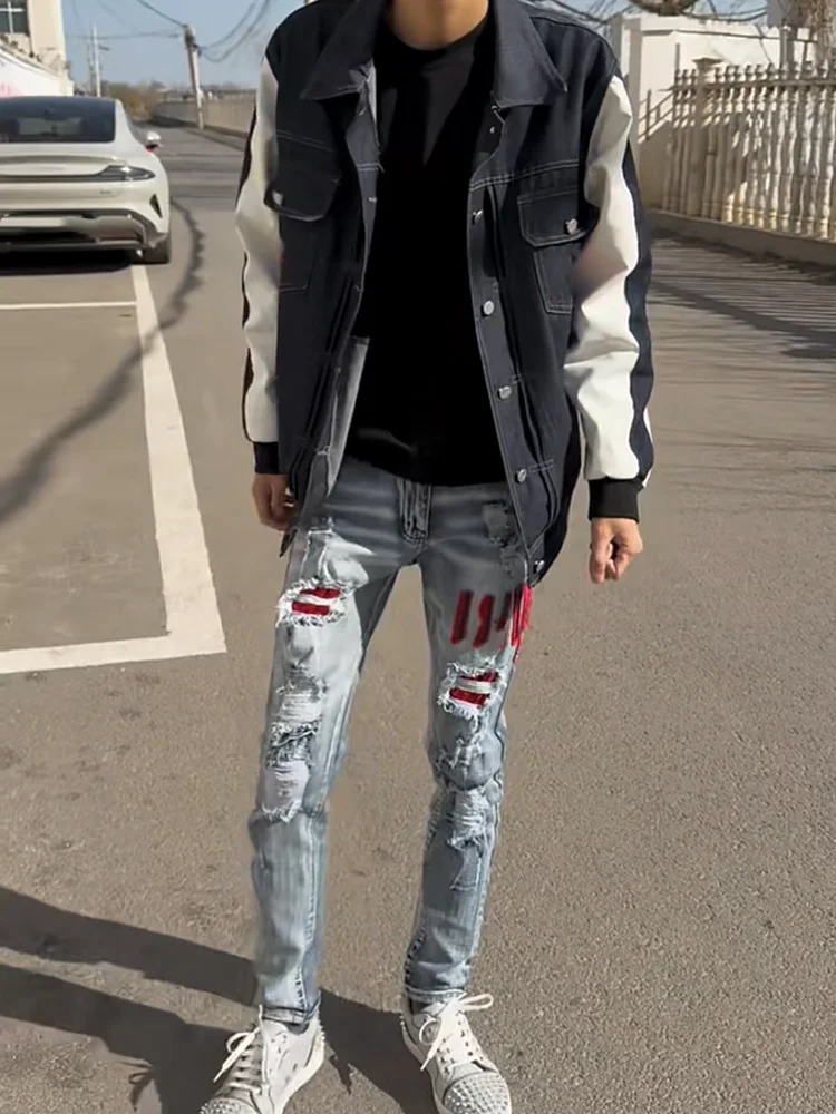 

Мужские джинсы слим-фит с вышивкой и прорезями, модные уличные брюки в американском стиле с бриллиантовым узором, молодежные повседневные длинные брюки