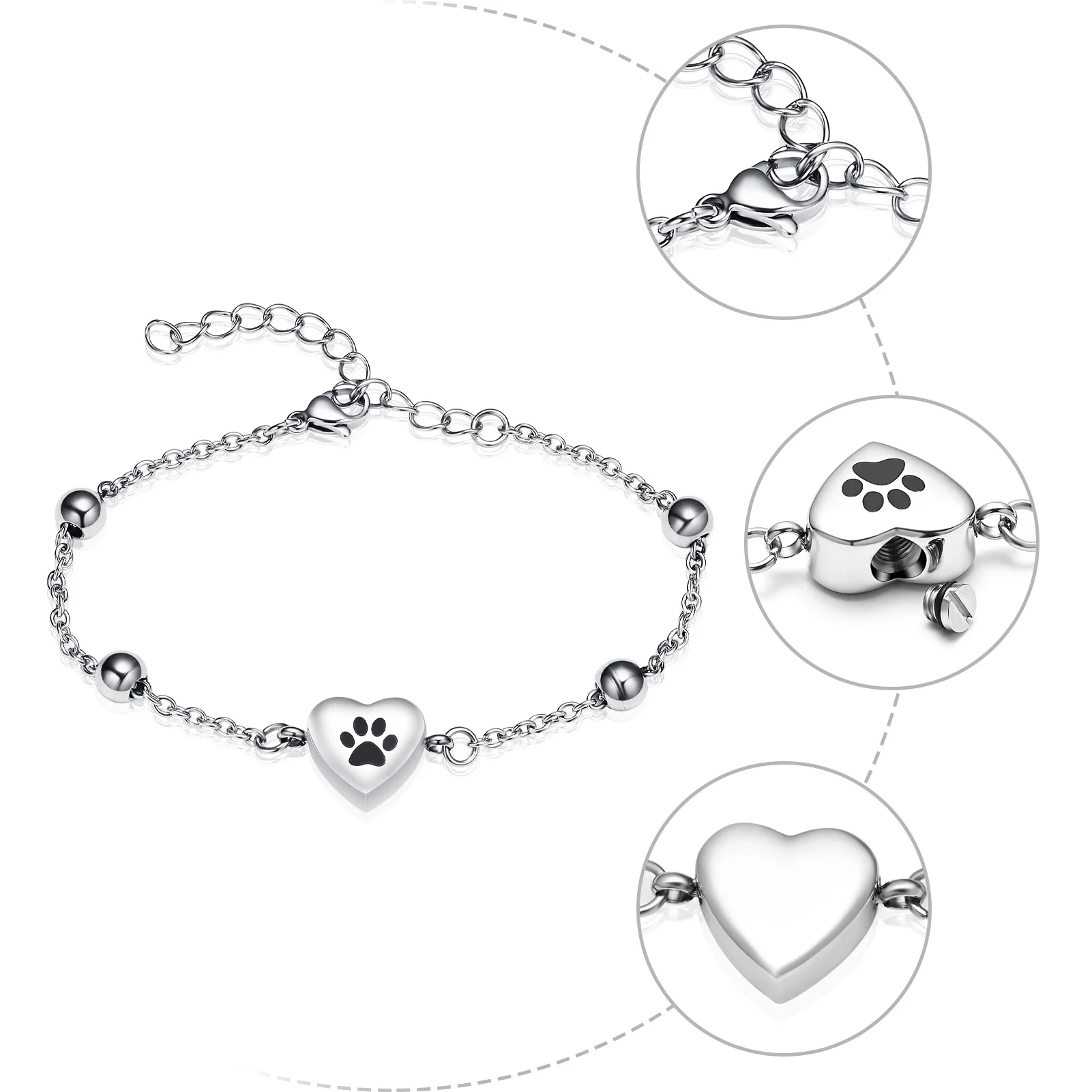 

Heart Urn Bracelet Stainless Steel Chain Design For Pet/Human Dog Ashes Adjustable Elegant Gift To Women Girlfriend Memorial