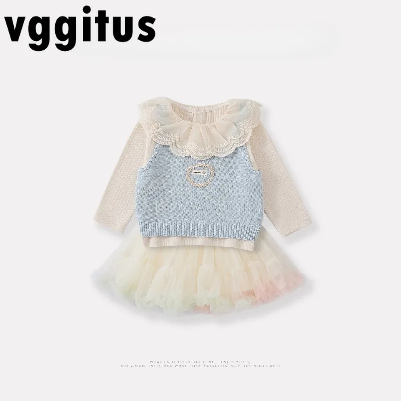 

Новый весенне-осенний детский комплект для девочек, топ с кружевным воротником и длинными рукавами, синий вязаный жилет, радужная тюлевая юбка, одежда принцессы A3678