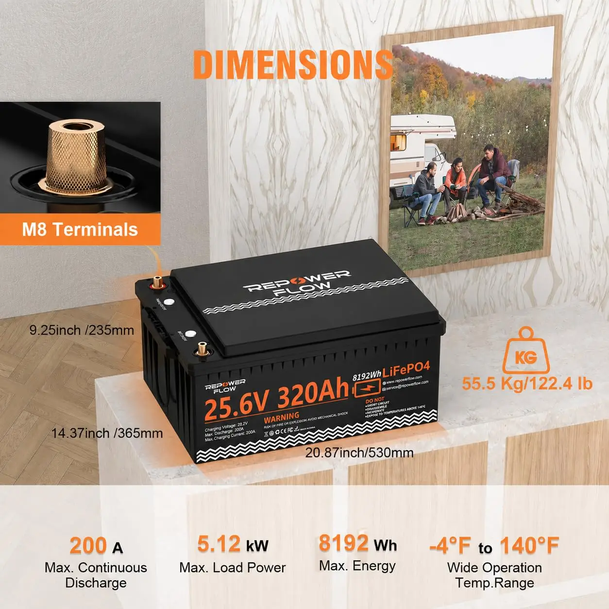 24V 320Ah LiFePO4 Battery 8192Wh Deep Cycle 200A BMS Bluetooth Self-Heating for RV Solar Marine Off-Grid Home Backup, Customized