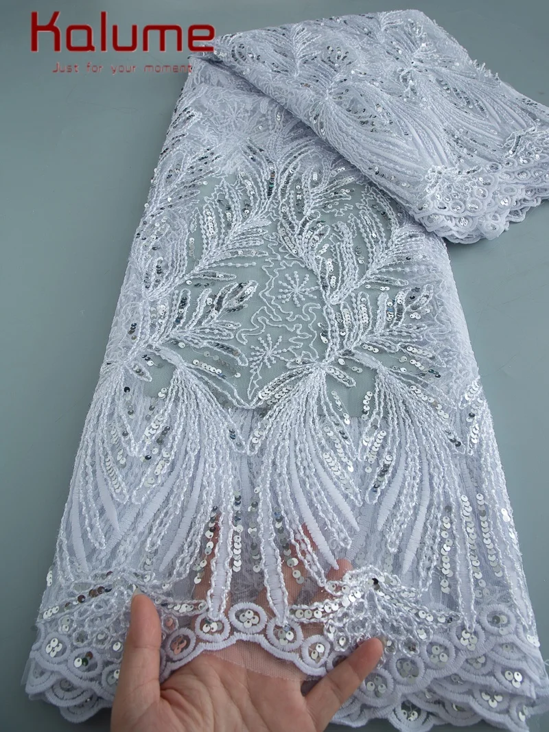 

Kalume африканский тюль, сетчатая кружевная ткань, свадебное белое кружево с блестками, сетчатая кружевная ткань для шитья, женское праздничное свадебное платье F4527