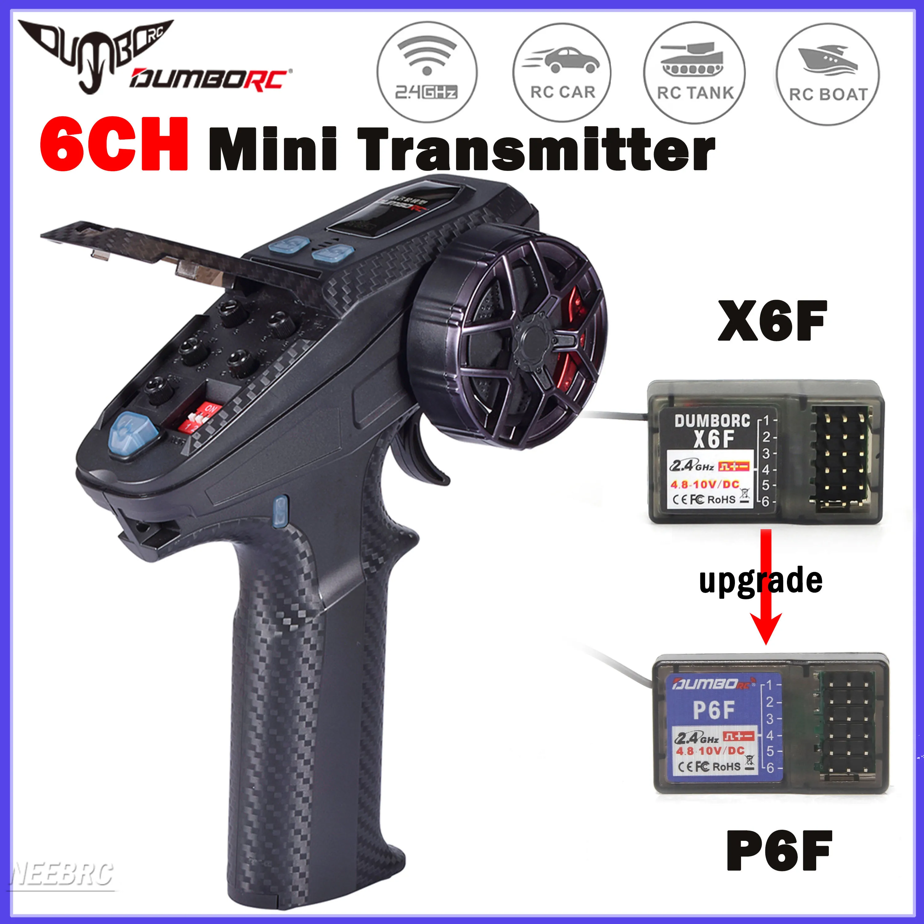 DUMBORC X6PM-350 6CH 2.4GHZ RC Mini Transmitter 4.8-12V with X6F Receiver Brake for Remote Control Car Boat Tank Model Toy Part