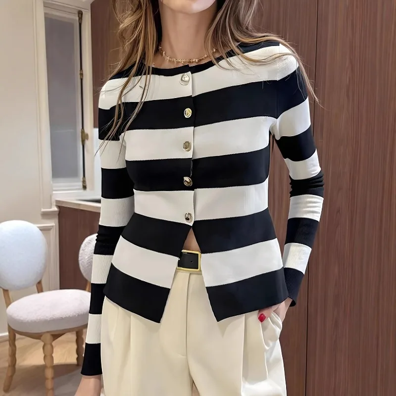

Women's Clothing Splicing New Early Autumn Striped Knitted Crew Neck Cardigan Jacket Knitted Top Women's Clothing