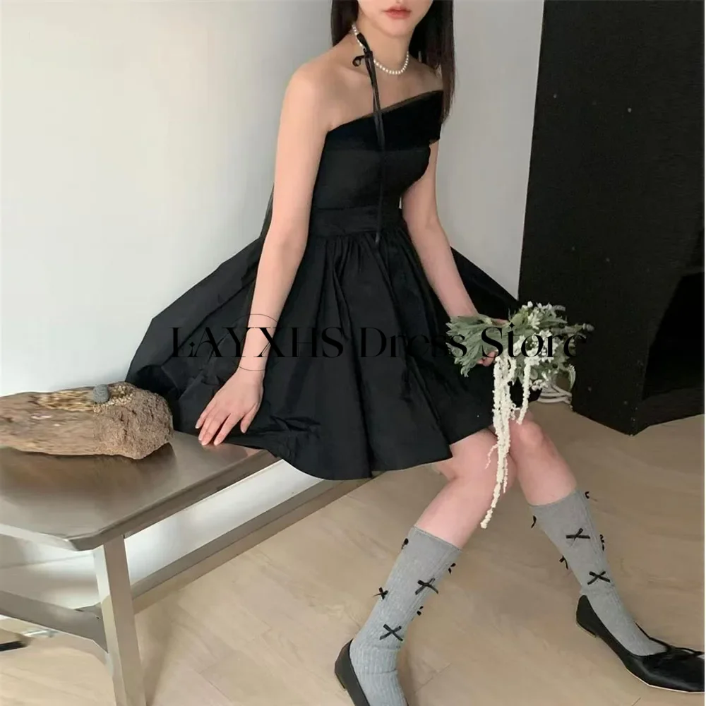 Abiti da festa da sera in raso nero Una linea mini abito corto da ballo Servizio fotografico all'aperto Abito di compleanno personalizzato 2026 nne").