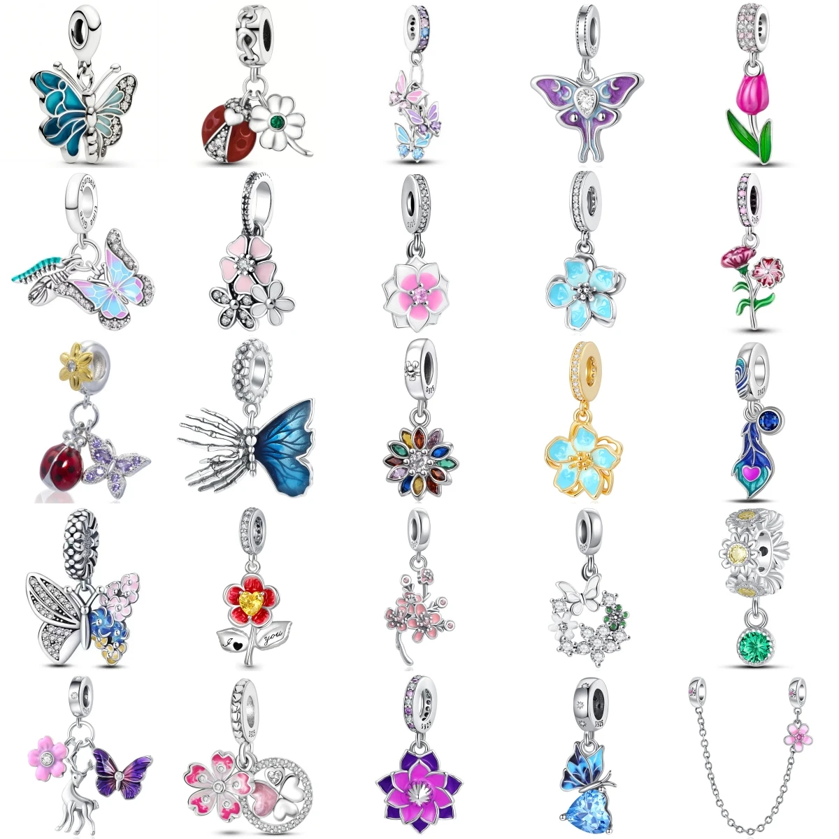 Romantic Garden Theme Charms Pendant Colorful Butterfly Tulip Lotus Daisy Cherry Blossom Ladybug Beads Fit Jewelry Gift
