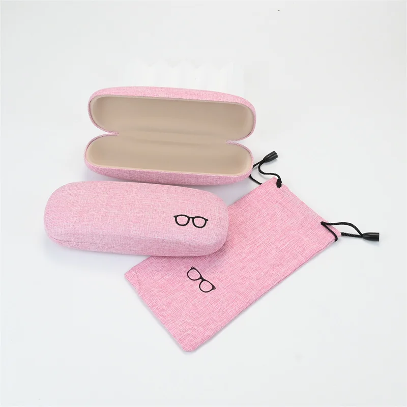 Fashion Set of Linen Pink Glasses Case with Ultra-fine Fiber Portable Carrying Glasses Bag Glasses Container Eyewear Protector