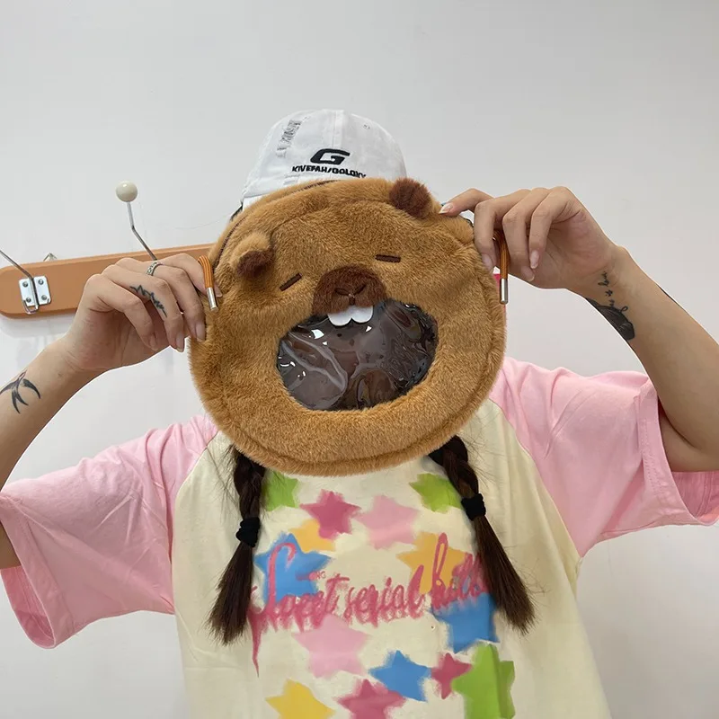 Cute Plush Cartoon Capybara Crossbody Bags for Girls Kawaii Personality Ladies Small Shoulder Bag Transparent Mouth Bag Women