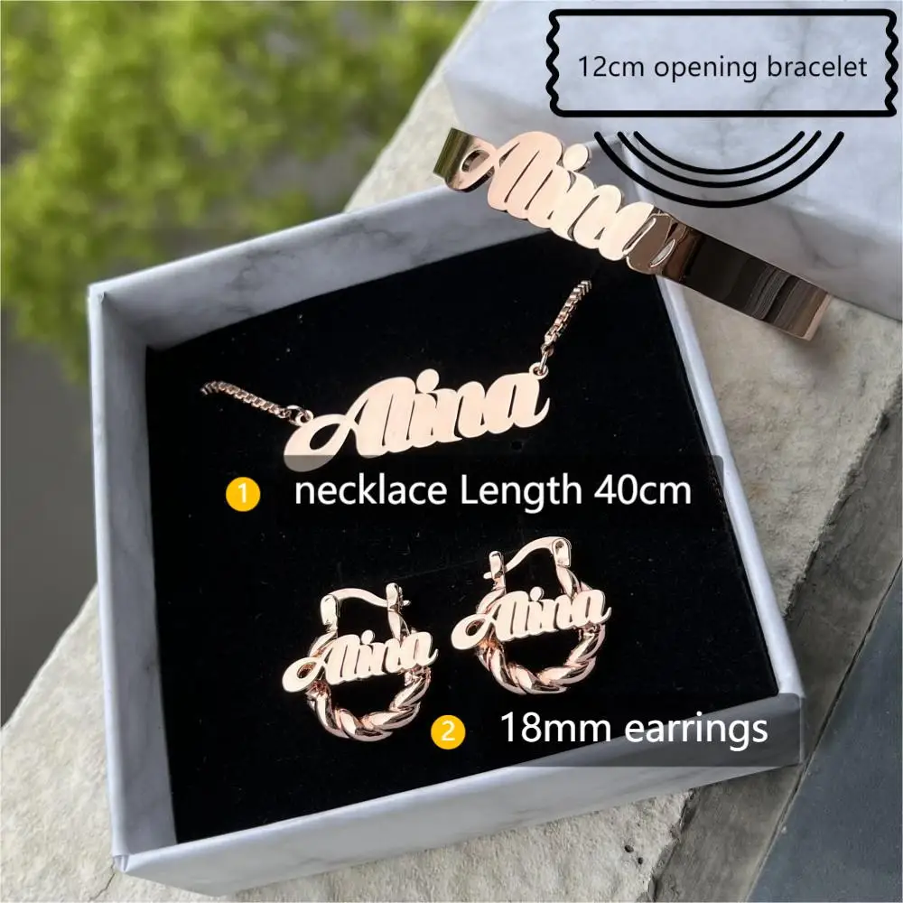 HIYONG Custom Name Jewelry Set Personalized Letter Necklace Customized Name Bangles Stainless Steel Mini Hoop Earrings 18mm