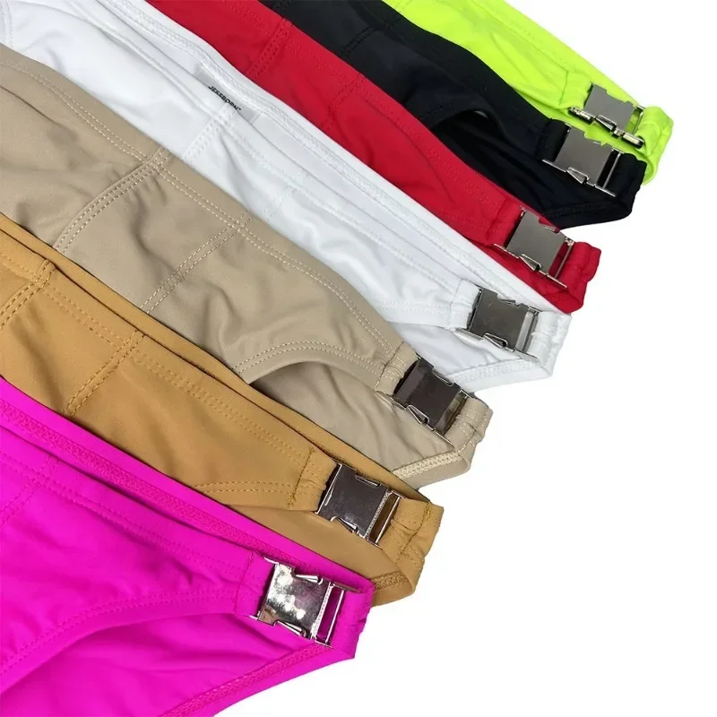 Sexy Swimwear Thongs Men\'s Metal Buckle Bikini Briefs Solid Color Swiming Trunks Breathable Swim Suit Surfing Beach Shorts