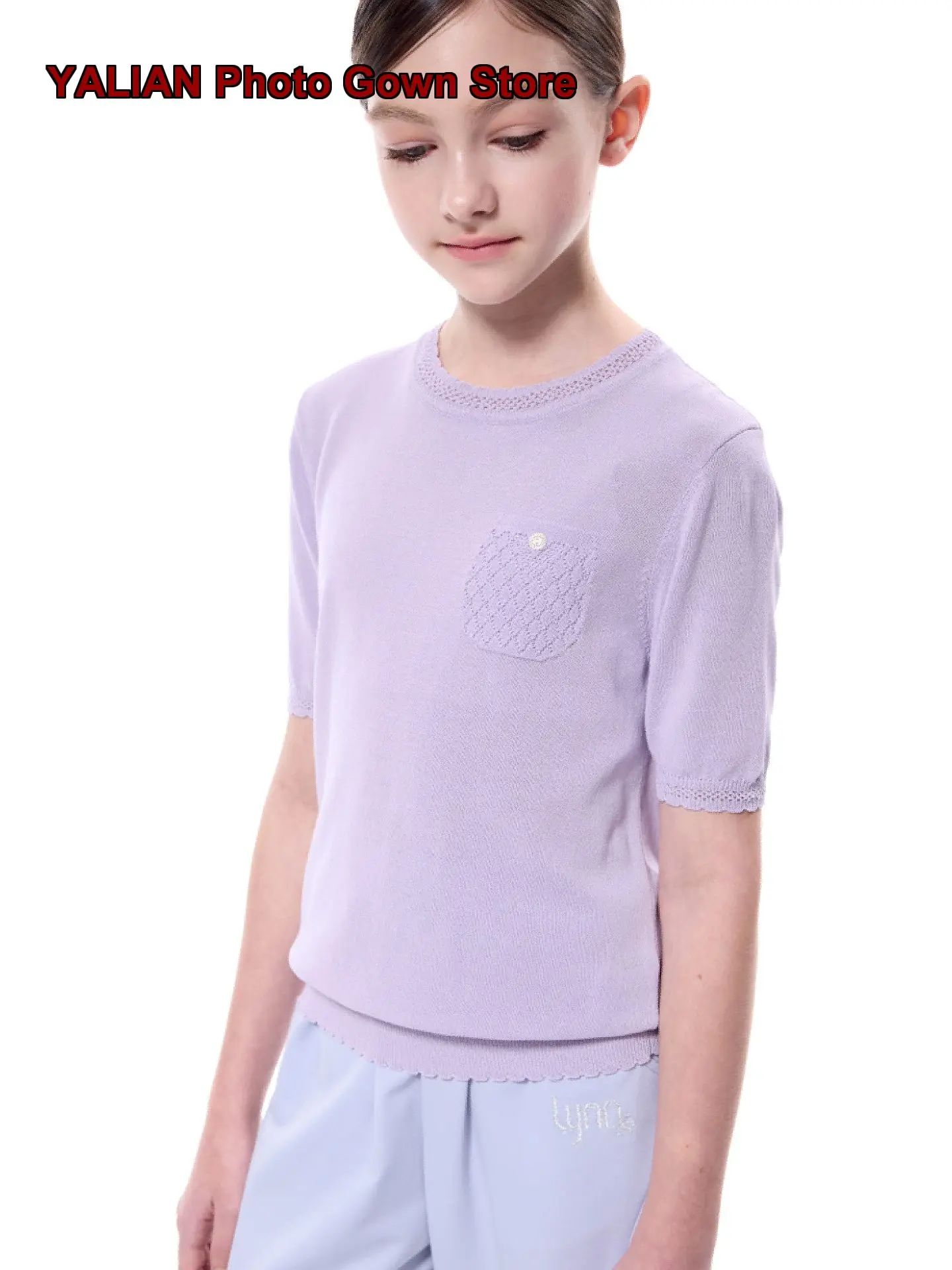 Girls T-Shirt Kids Summer Knit Round Neck Solid Color Parent-Child Matching Top