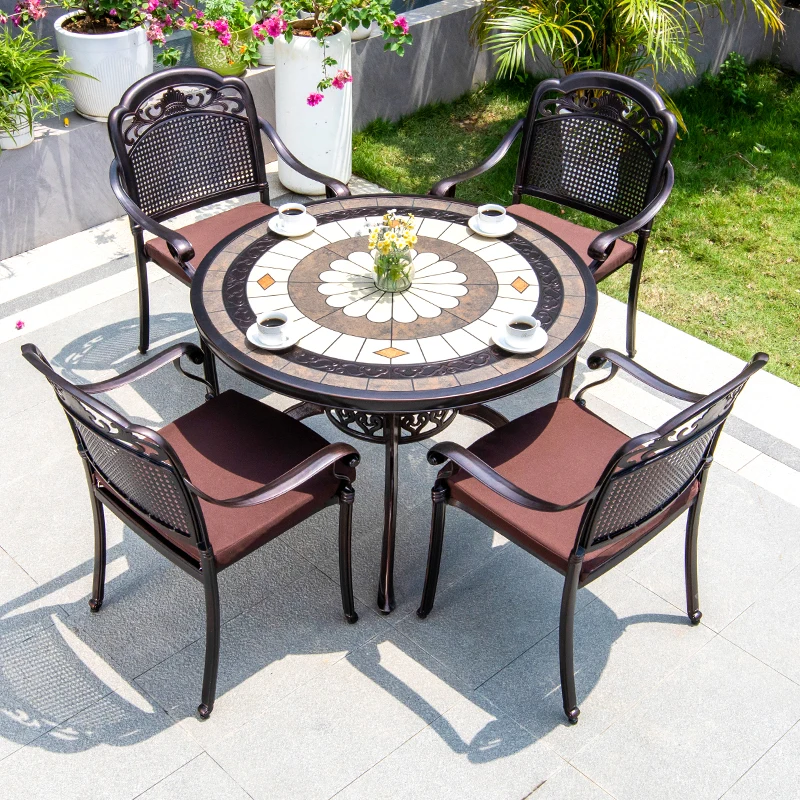 *r for  Cast Aluminum Outdoor Furniture All-weather Durable Garden Round Ceramic Tile Patio Coffee Table and Chair for 4 People&