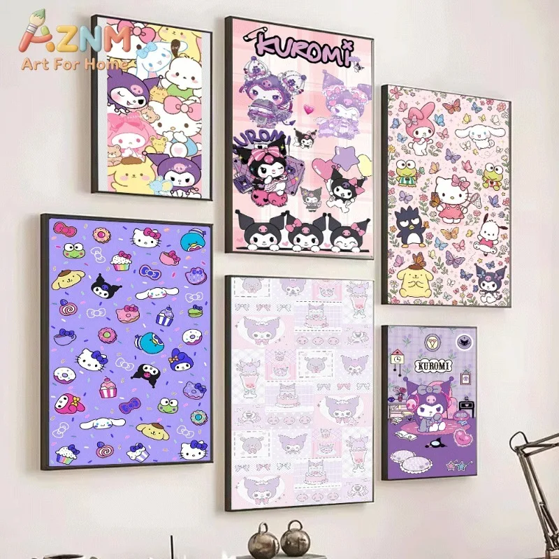 Sanrio All Characters Family Stack Canvas Wall Art No Frame Hello Kitty Kuromi Cinnamoroll Cute Cartoon Poster Girl Bedroom Deco