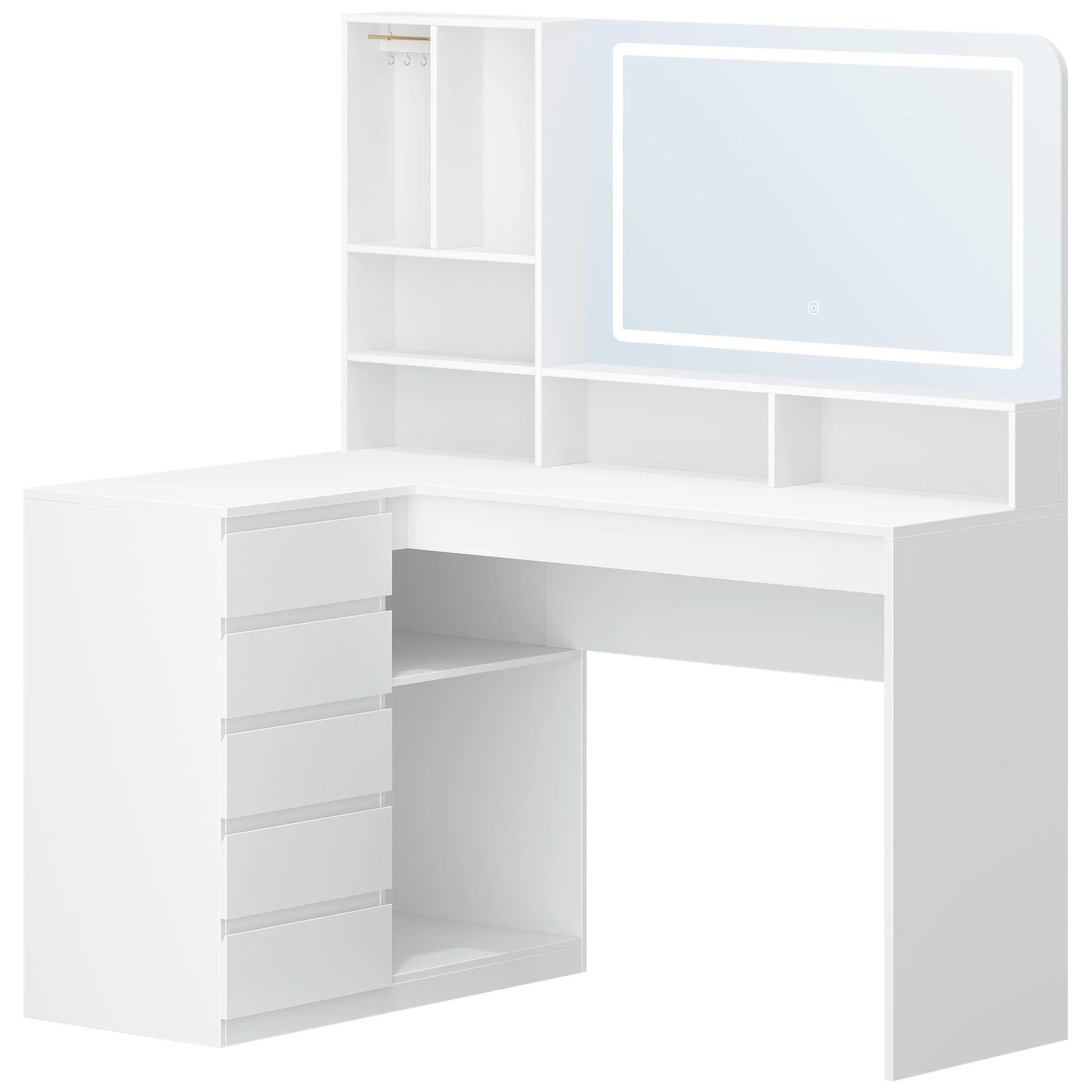 Kaptafel met grote spiegel, LED-verlichting, L-vormige hoek make-uptafel, met laden en open vakken
