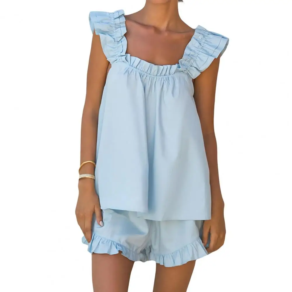 ชุดนอนสตรีชุด 2 ชิ้น Ruffle Trim Tank Top และกางเกงขาสั้นชุดนอนฤดูร้อน Cami Lounge ชุด