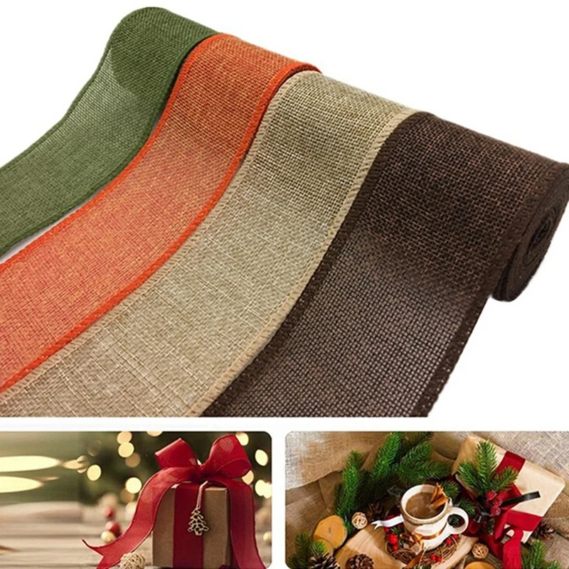 5 Rolls Of Christmas Ribbon Wired For Gift Handmade DIY Ribbon Wrapping Burlap Ribbon Rolls Colored Woven Linen Rrolls