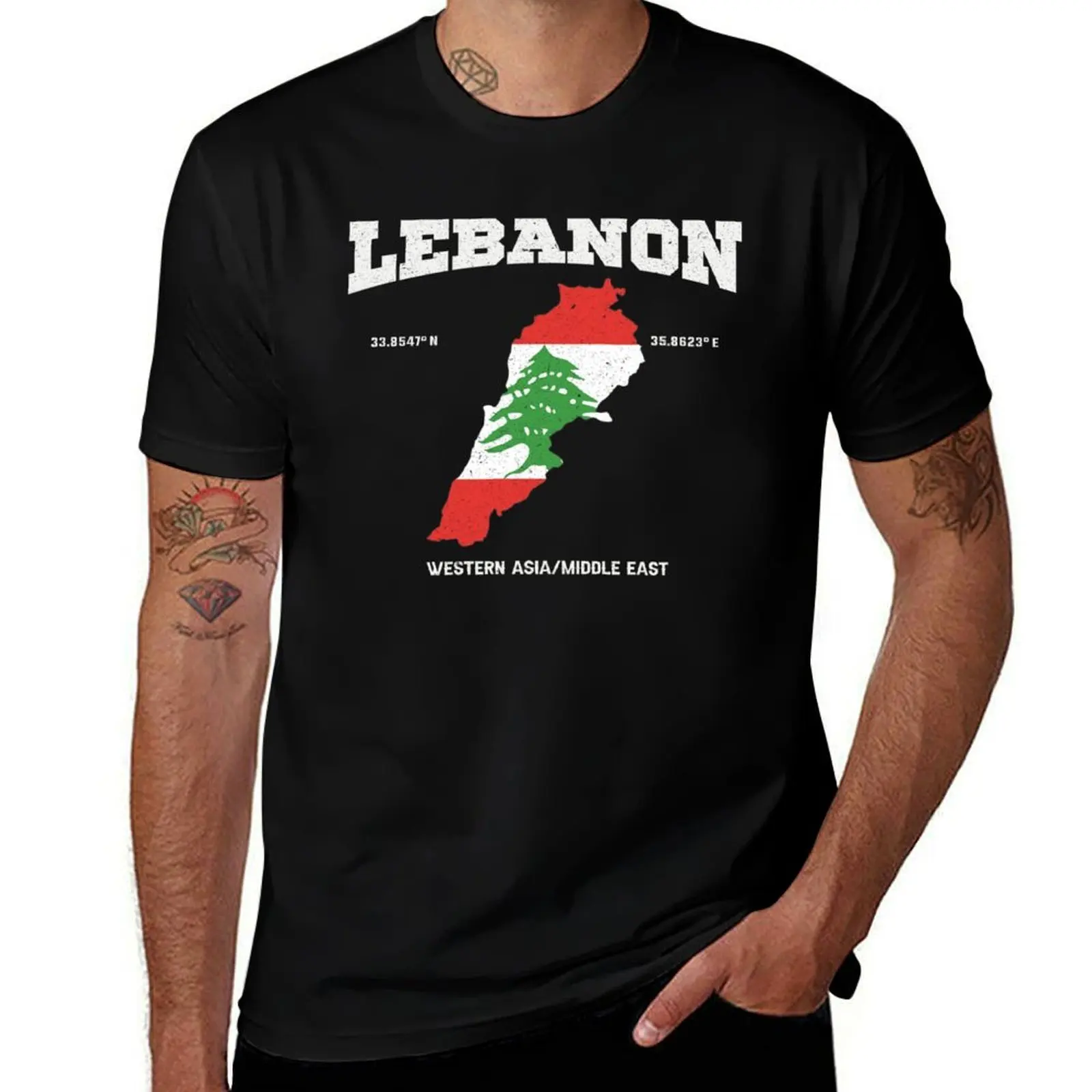 Lebanese flag map, Lebanon coordinates, Lebanon Localisation T-Shirt Street Fashion Casual Tee Shirt T-Shirt