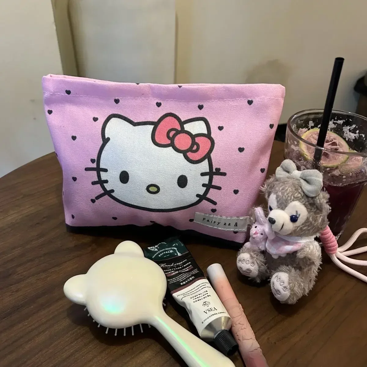 Hello Kitty-Pochette en toile Mininstants pour filles, impression double face, fermeture éclair, sac de rangement cosmétique polyvalent, grande capacité