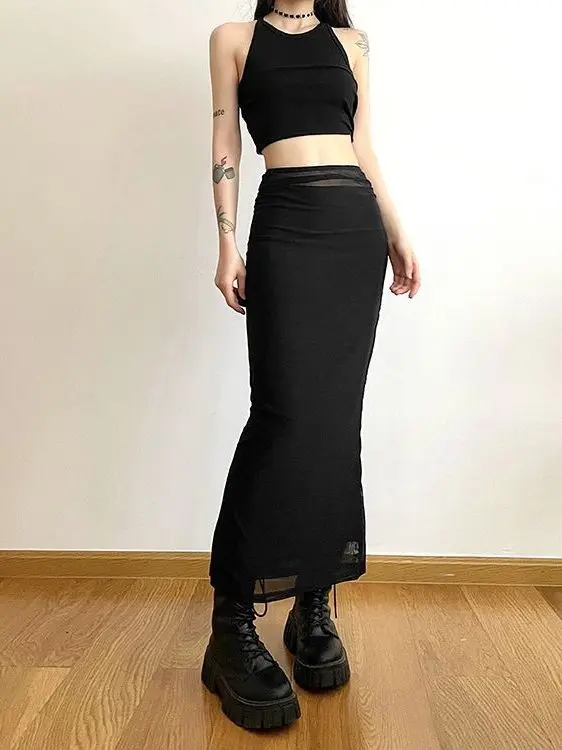 Slimming High Waist Mesh Half Skirt Street Style mid Length Women's Fashion SylCue Dark Series Hot Girl Ins Black Polyester S...