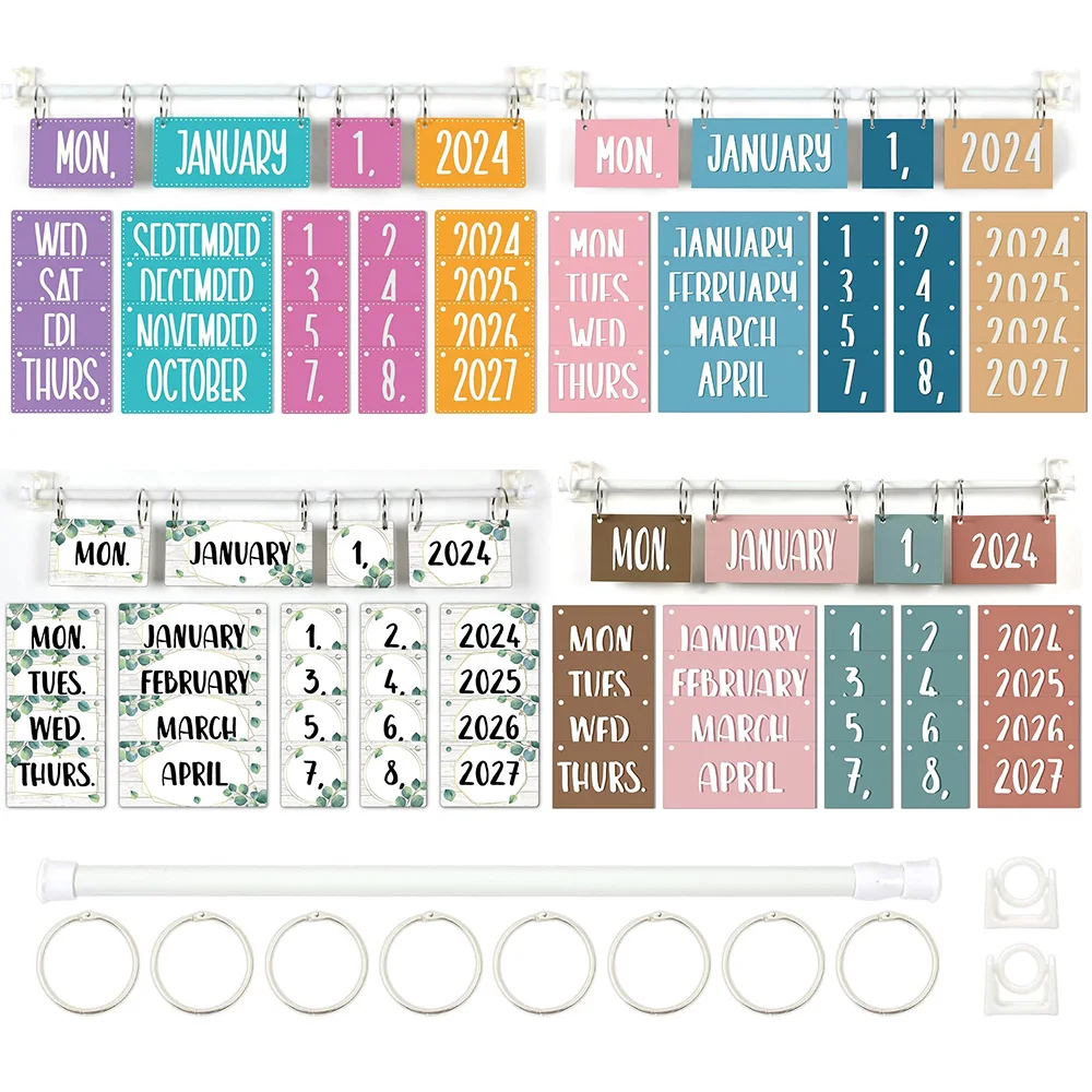 Colorful Flip Calendar Set 54Pcs Date Cards w/Holder Adjustable Bulletin Board Calendar Classroom Home Office Wall Decor